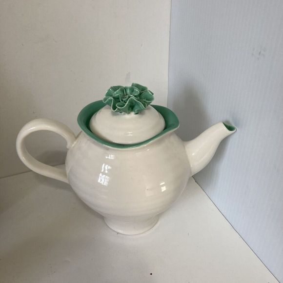 Graces Teaware Fine China White Teapot with Lid Teal Accents Trim 24 oz - Picture 2 of 13